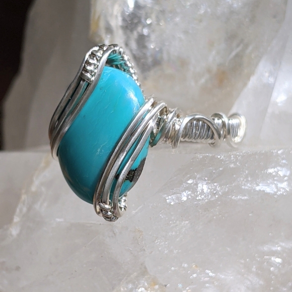 Artisan Sterling Silver Turquoise Wire Wrapped Ring - Picture 1 of 16